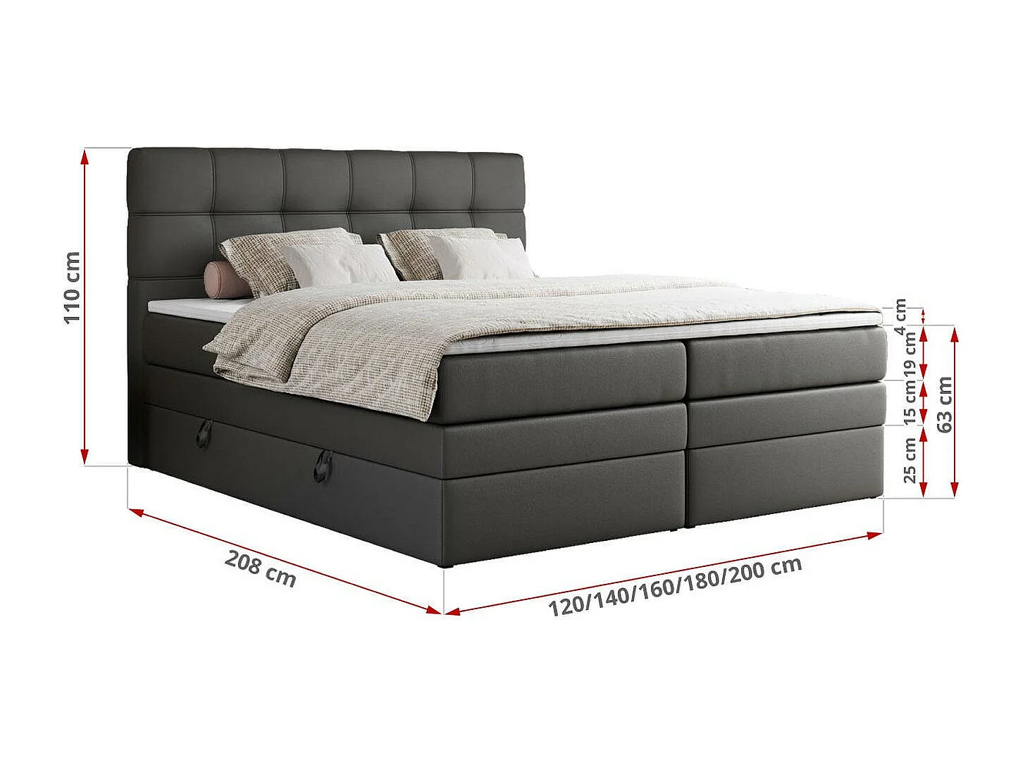 Boxspringbett ERNI KING, gestepptes Kopfteil, zwei Multipocket-Matratze und Topper, mit Stauraum - 180x200 cm - H3 - Dunkelgrau Kunstleder
