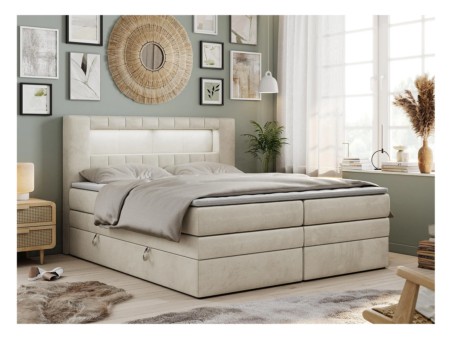 Boxspringbett GOLD 5 KING mit Stauraum, zwei Bettkästen, LED-Beleuchtung, Multipocket-Matratze - 180x200 cm - H4 - Beige Velvet