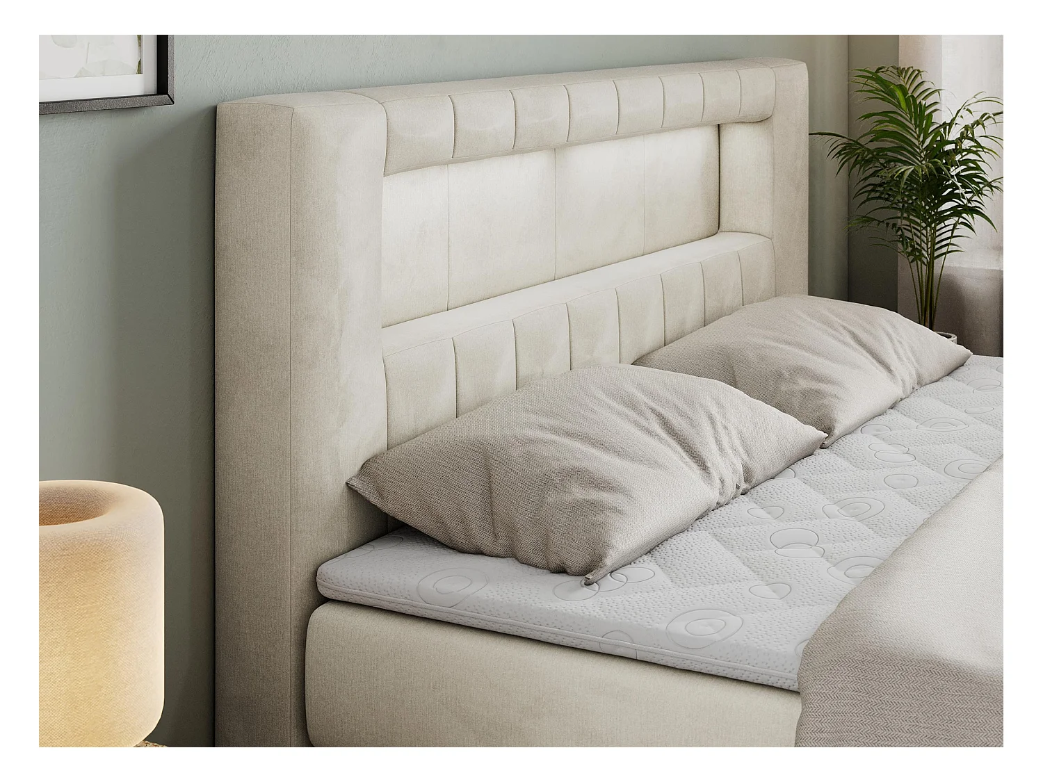 Boxspringbett GOLD 5 KING mit Stauraum, zwei Bettkästen, LED-Beleuchtung, Multipocket-Matratze - 180x200 cm - H4 - Beige Velvet