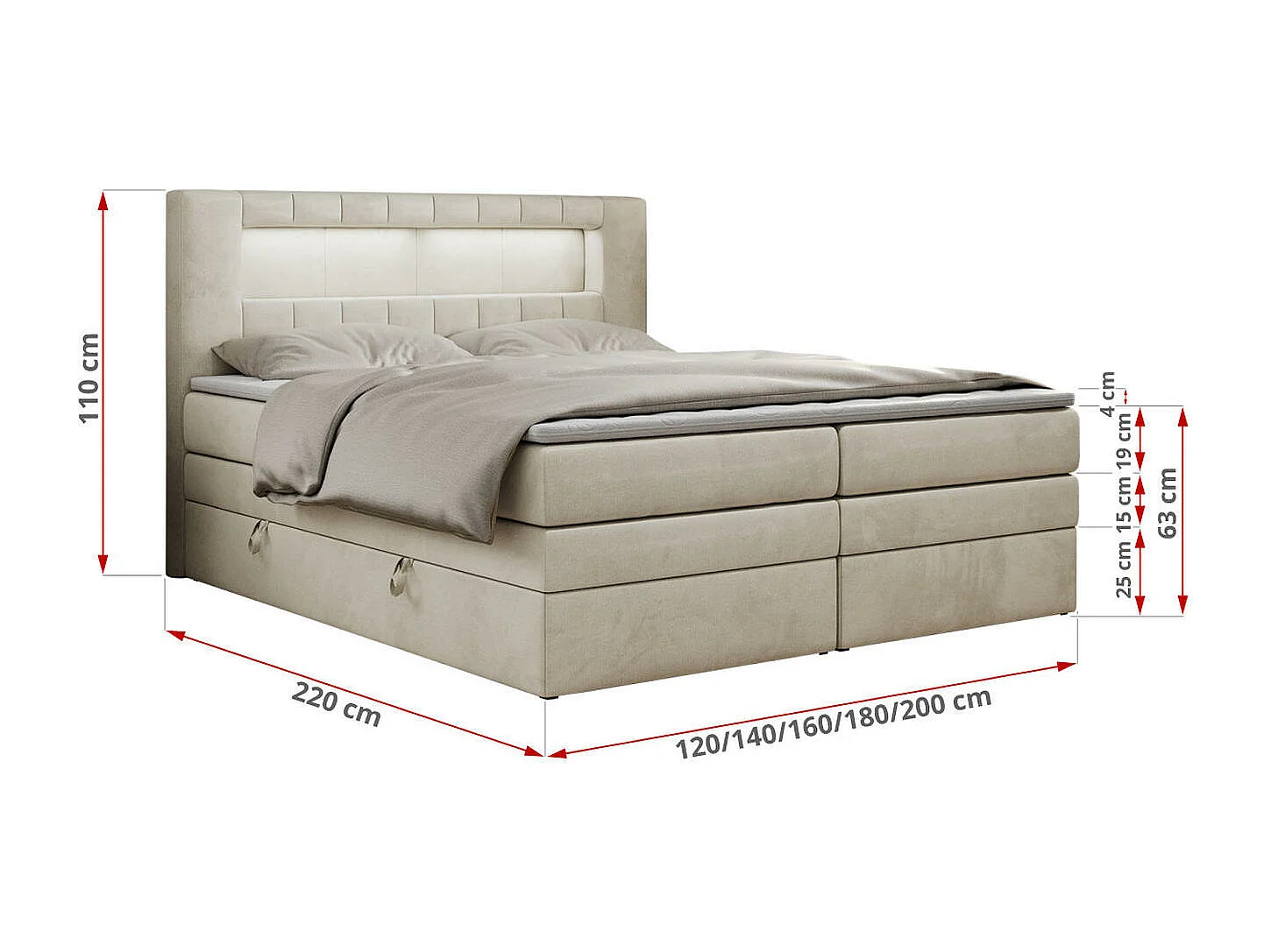 Boxspringbett GOLD 5 KING mit Stauraum, zwei Bettkästen, LED-Beleuchtung, Multipocket-Matratze - 180x200 cm - H4 - Beige Velvet