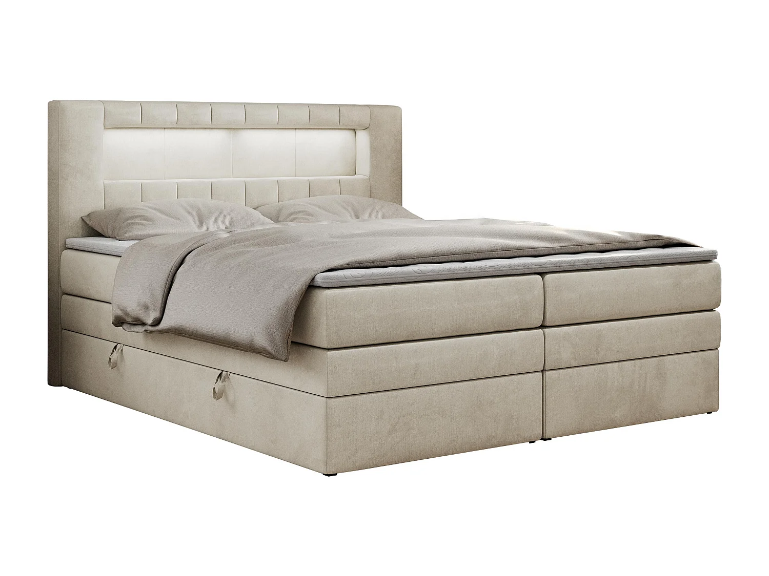 Boxspringbett GOLD 5 KING mit Stauraum, zwei Bettkästen, LED-Beleuchtung, Multipocket-Matratze - 180x200 cm - H4 - Beige Velvet