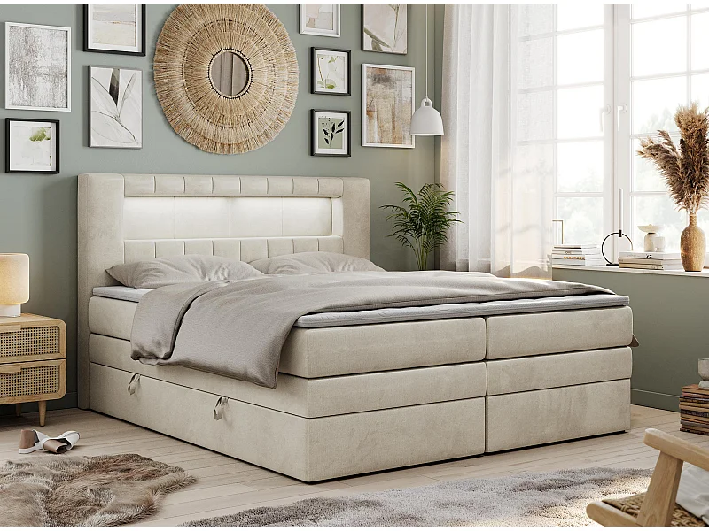 Boxspringbett GOLD 5 KING mit Stauraum, zwei Bettkästen, LED-Beleuchtung, Multipocket-Matratze - 180x200 cm - H4 - Beige Velvet