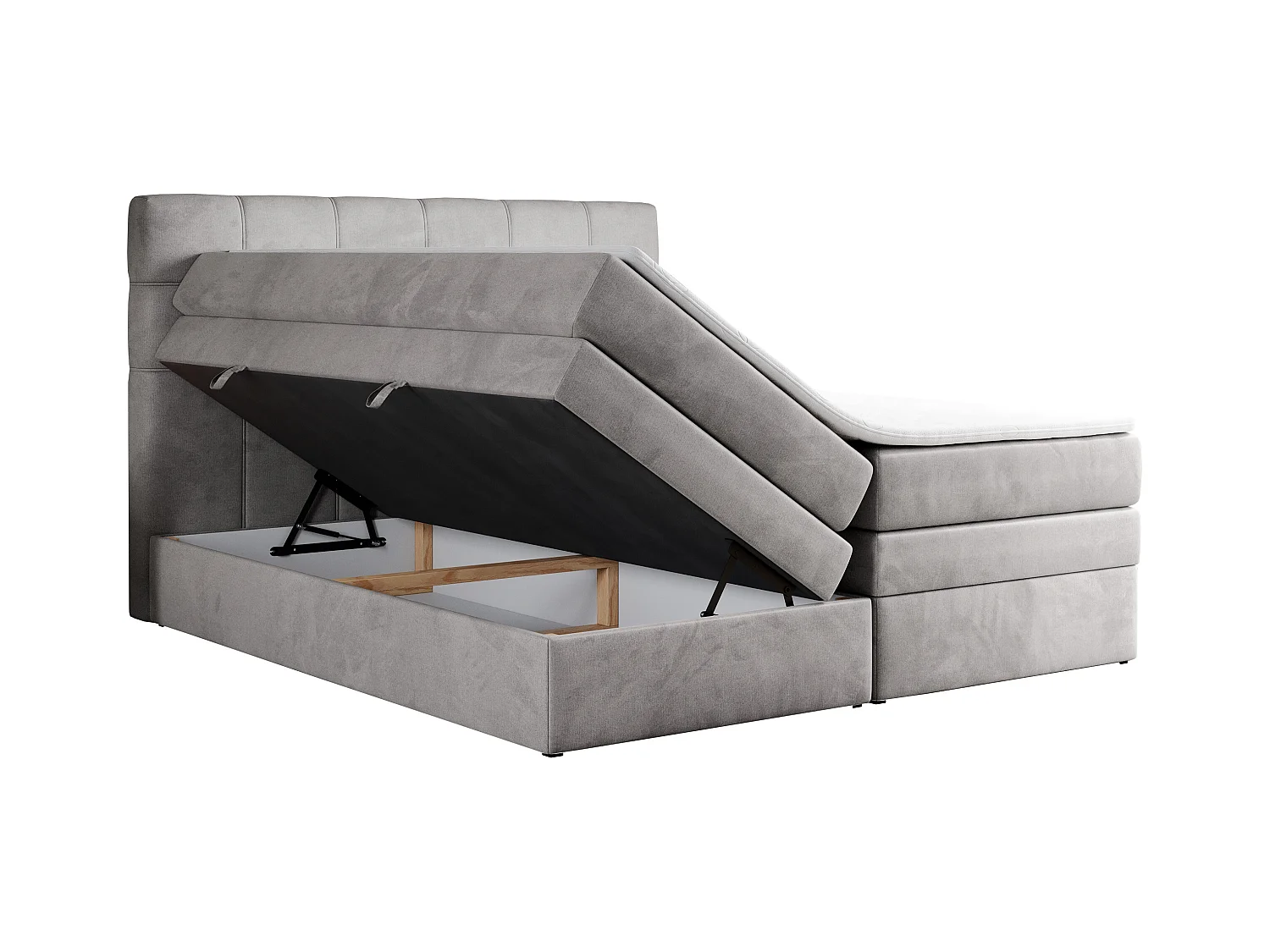Boxspringbett ERNI KING, gestepptes Kopfteil, zwei Multipocket-Matratze und Topper, mit Stauraum - 120x200 cm - H4 - Hellgrau Velvet