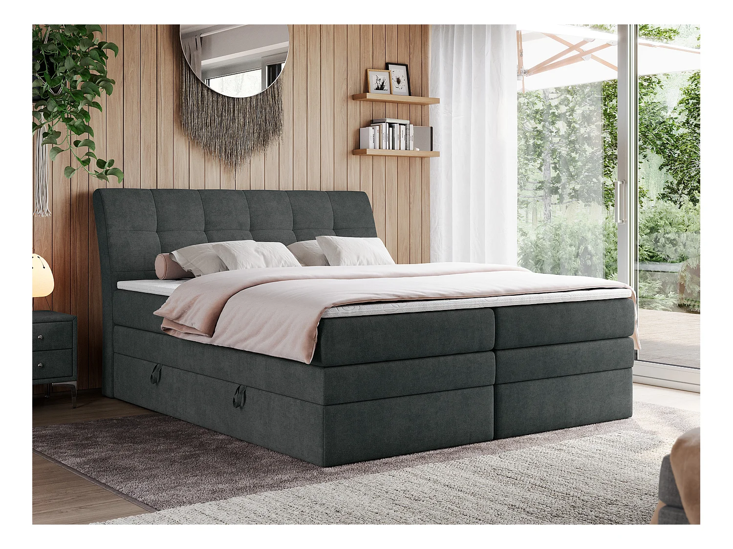 Boxspringbett GOLD 10 KING mit genähtes Kopfteil und Stauraum, zwei Multipocket-Matratze - 180x200 cm - H3 - Dunkelgrau Strukture