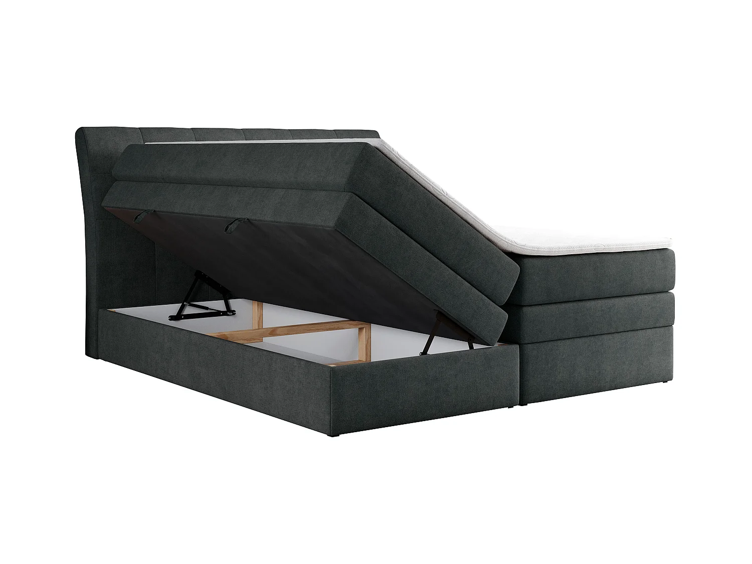 Boxspringbett GOLD 10 KING mit genähtes Kopfteil und Stauraum, zwei Multipocket-Matratze - 180x200 cm - H3 - Dunkelgrau Strukture