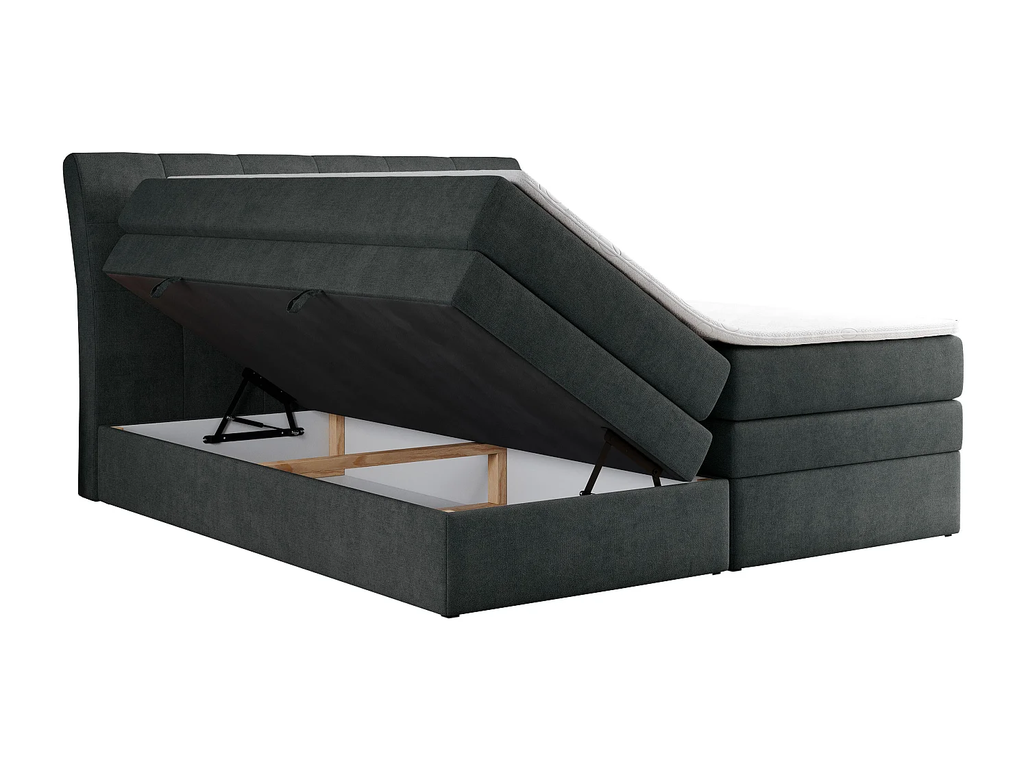 Boxspringbett GOLD 10 KING mit genähtes Kopfteil und Stauraum, zwei Multipocket-Matratze - 180x200 cm - H3 - Dunkelgrau Strukture