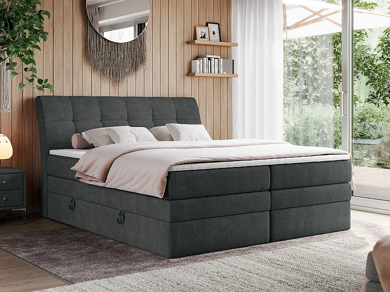 Boxspringbett GOLD 10 KING mit genähtes Kopfteil und Stauraum, zwei Multipocket-Matratze - 180x200 cm - H3 - Dunkelgrau Strukture
