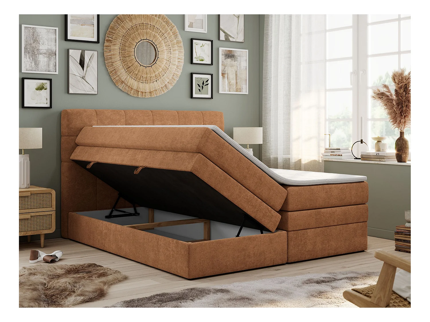 Boxspringbett LUKA KING, mit gestepptem Kopfteil, zwei Bettkästen, Multipocket-Matratze und Topper - 140x200 cm - H3 - Orange Strukture