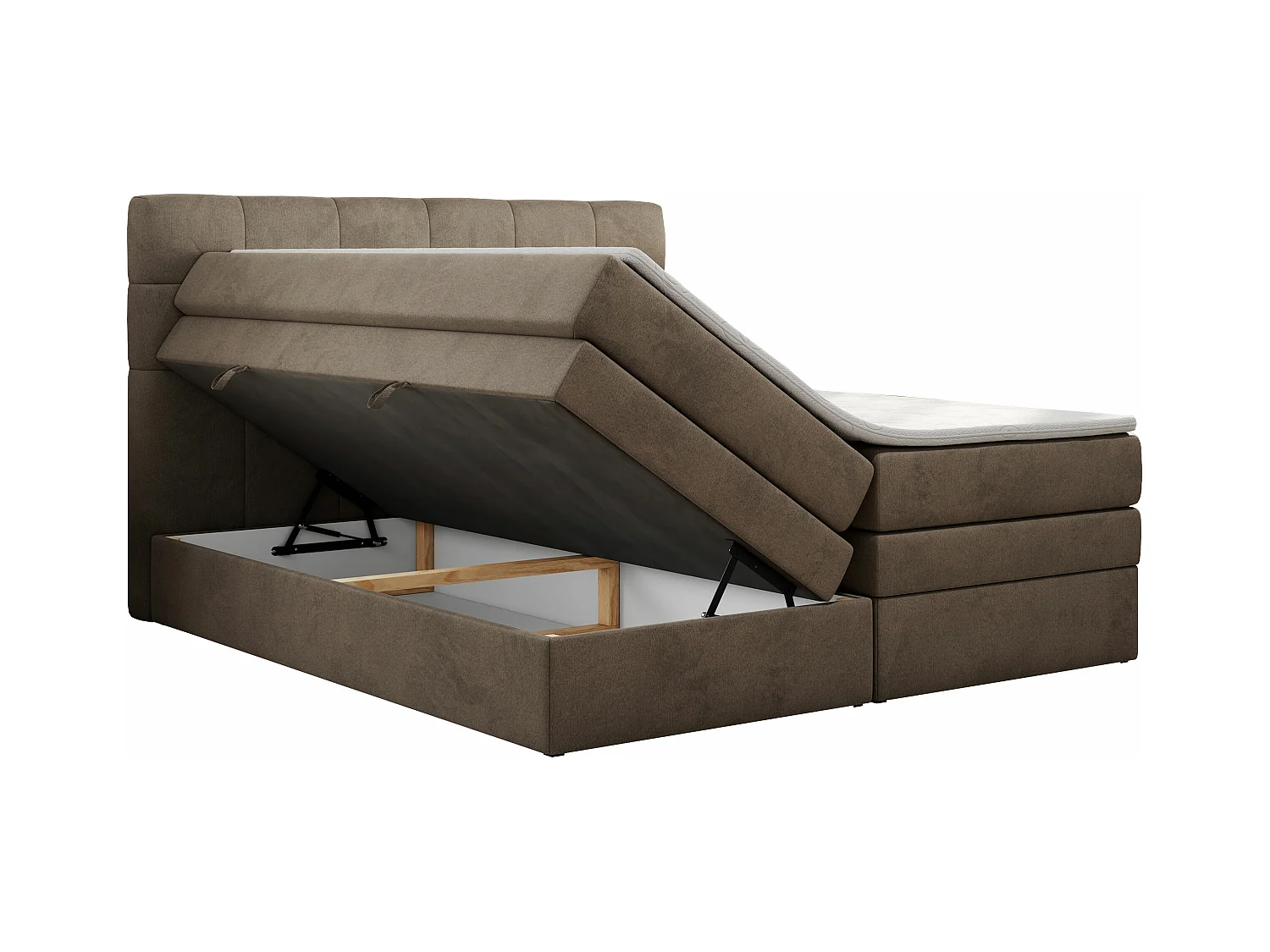 Boxspringbett LUKA KING, mit gestepptem Kopfteil, zwei Bettkästen, Multipocket-Matratze und Topper - 160x200 cm - H3 - Braun Velvet