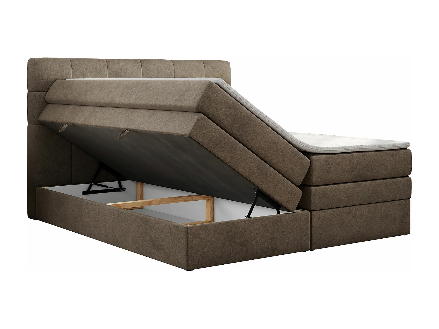 Boxspringbett LUKA KING, mit gestepptem Kopfteil, zwei Bettkästen, Multipocket-Matratze und Topper - 160x200 cm - H3 - Braun Velvet
