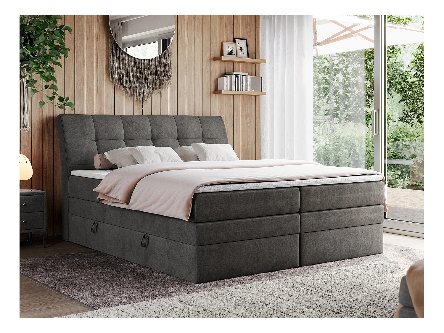 Boxspringbett GOLD 10 KING mit genähtes Kopfteil und Stauraum, zwei Multipocket-Matratze - 200x200 cm - H3 - Dunkelgrau Velvet