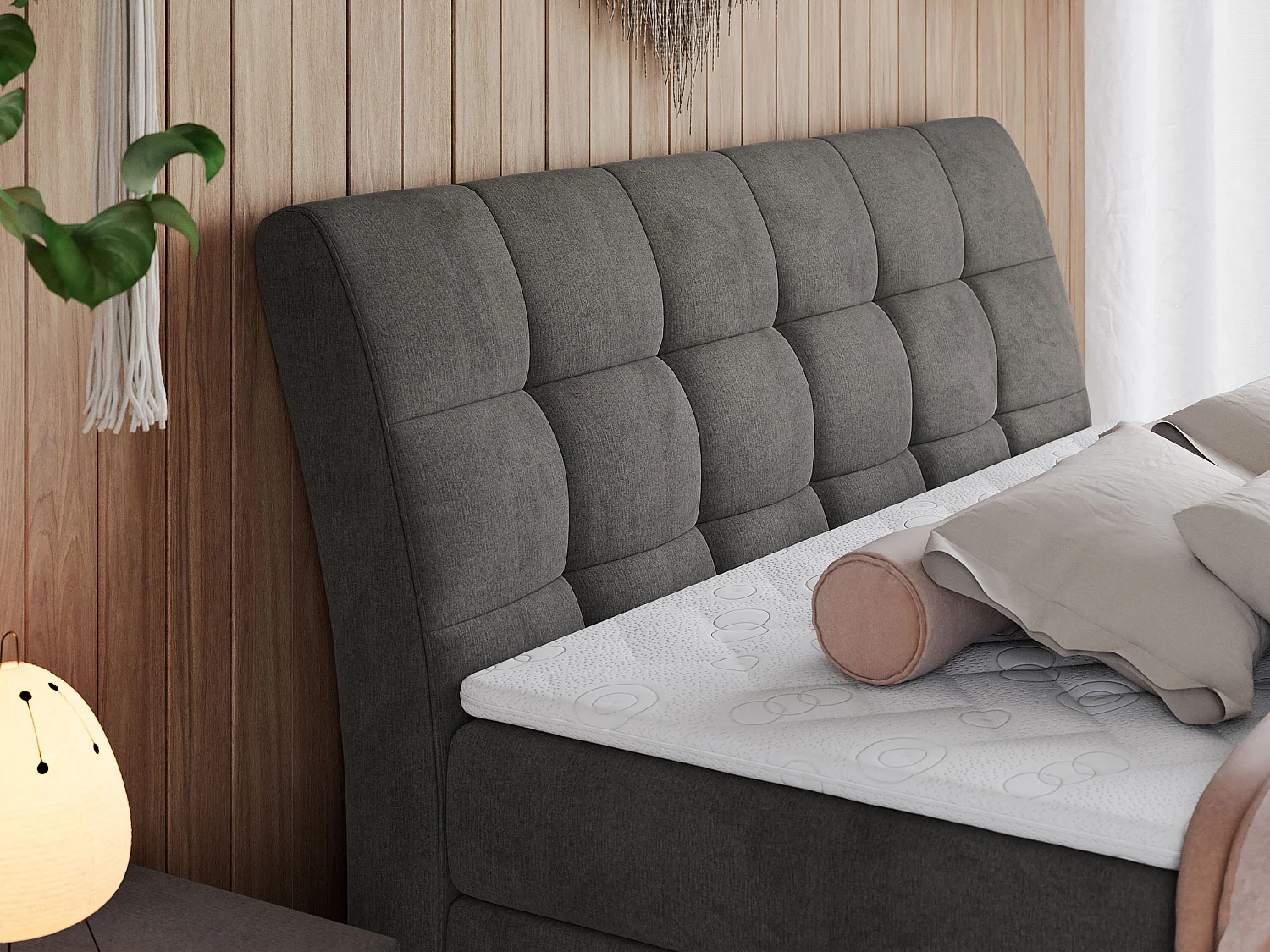 Boxspringbett GOLD 10 KING mit genähtes Kopfteil und Stauraum, zwei Multipocket-Matratze - 200x200 cm - H3 - Dunkelgrau Velvet