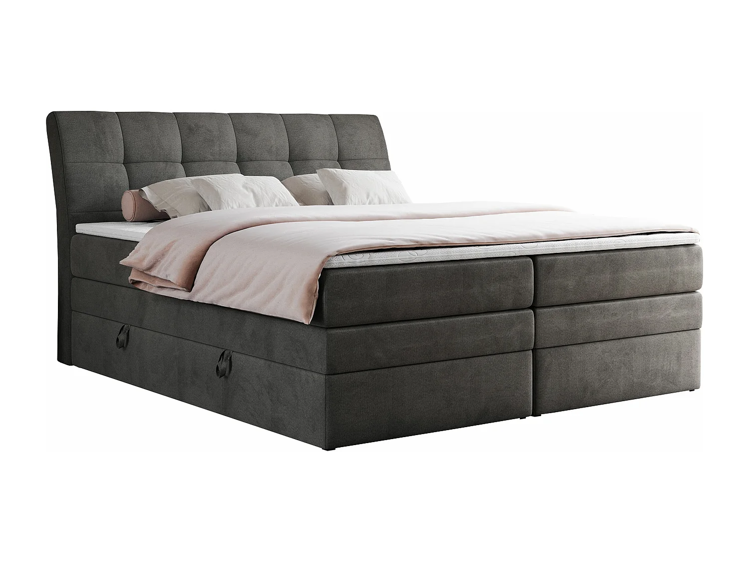 Boxspringbett GOLD 10 KING mit genähtes Kopfteil und Stauraum, zwei Multipocket-Matratze - 200x200 cm - H3 - Dunkelgrau Velvet