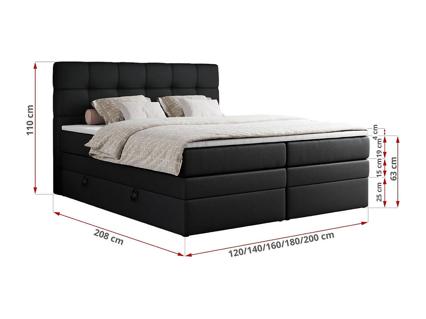 Boxspringbett ERNI KING, gestepptes Kopfteil, zwei Multipocket-Matratze und Topper, mit Stauraum - 160x200 cm - H4 - Schwarz Kunstleder