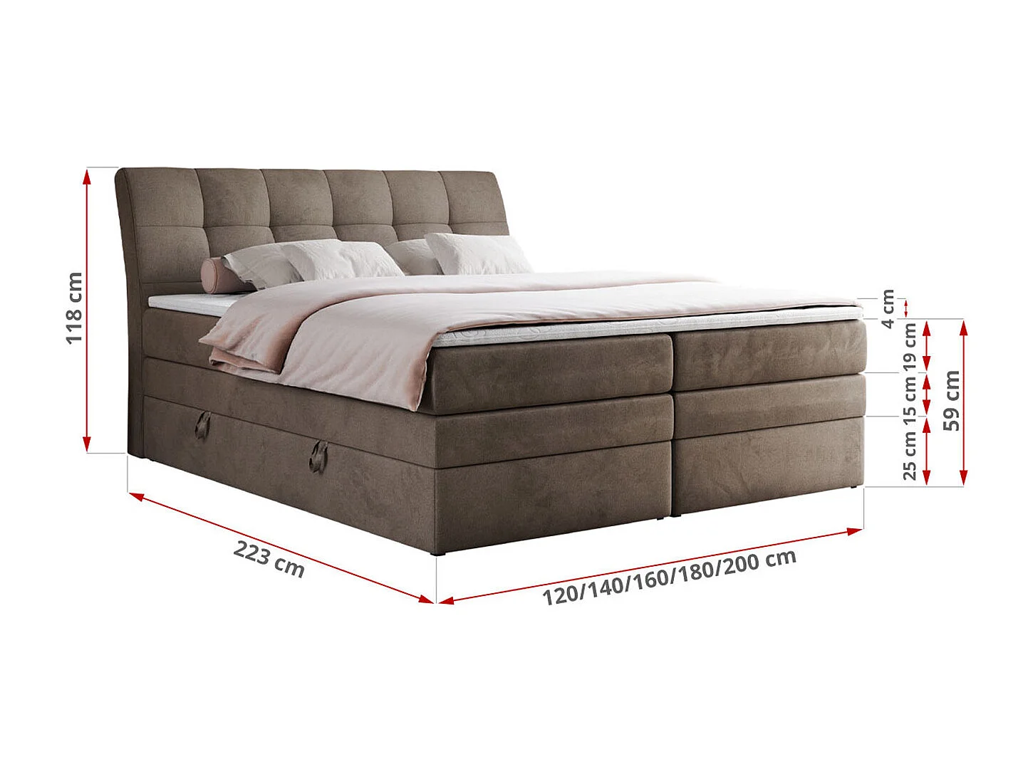 Boxspringbett GOLD 10 KING mit genähtes Kopfteil und Stauraum, zwei Multipocket-Matratze - 140x200 cm - H4 - Braun Velvet