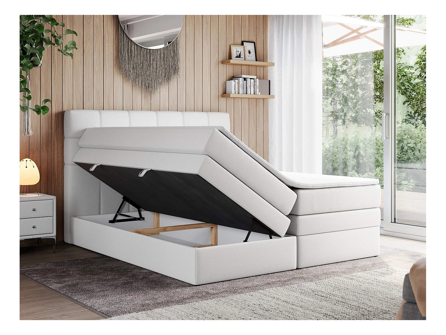 Boxspringbett ERNI KING, gestepptes Kopfteil, zwei Multipocket-Matratze und Topper, mit Stauraum - 160x200 cm - H3 - Weiß Kunstleder