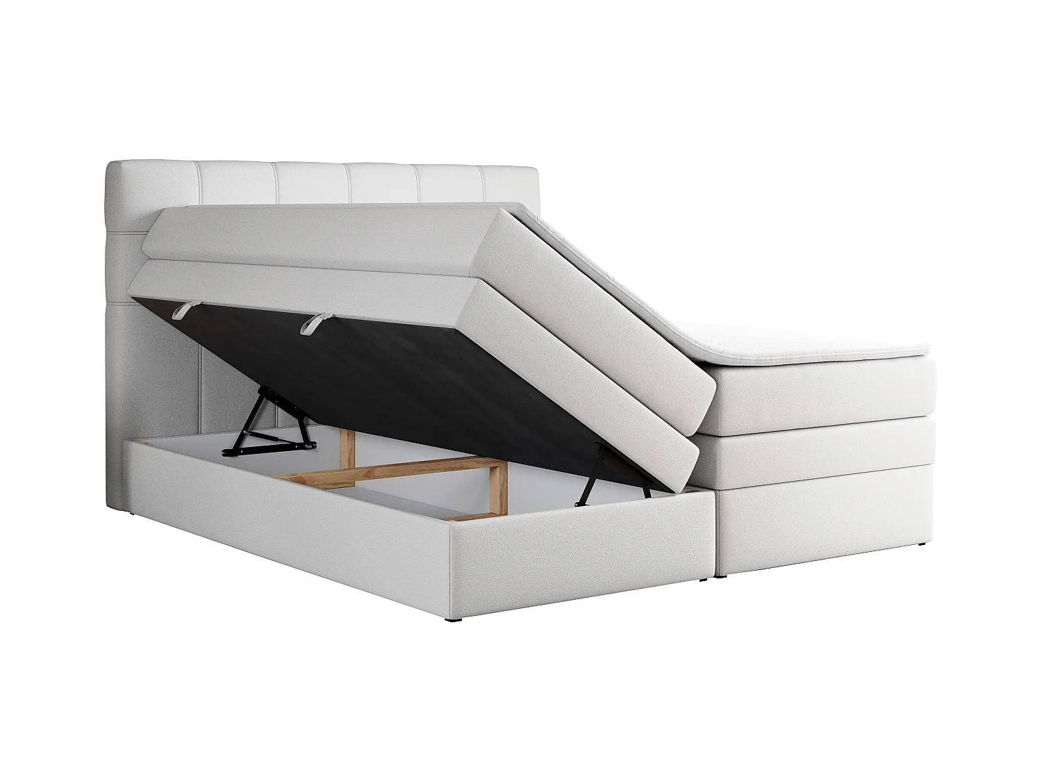 Boxspringbett ERNI KING, gestepptes Kopfteil, zwei Multipocket-Matratze und Topper, mit Stauraum - 160x200 cm - H3 - Weiß Kunstleder