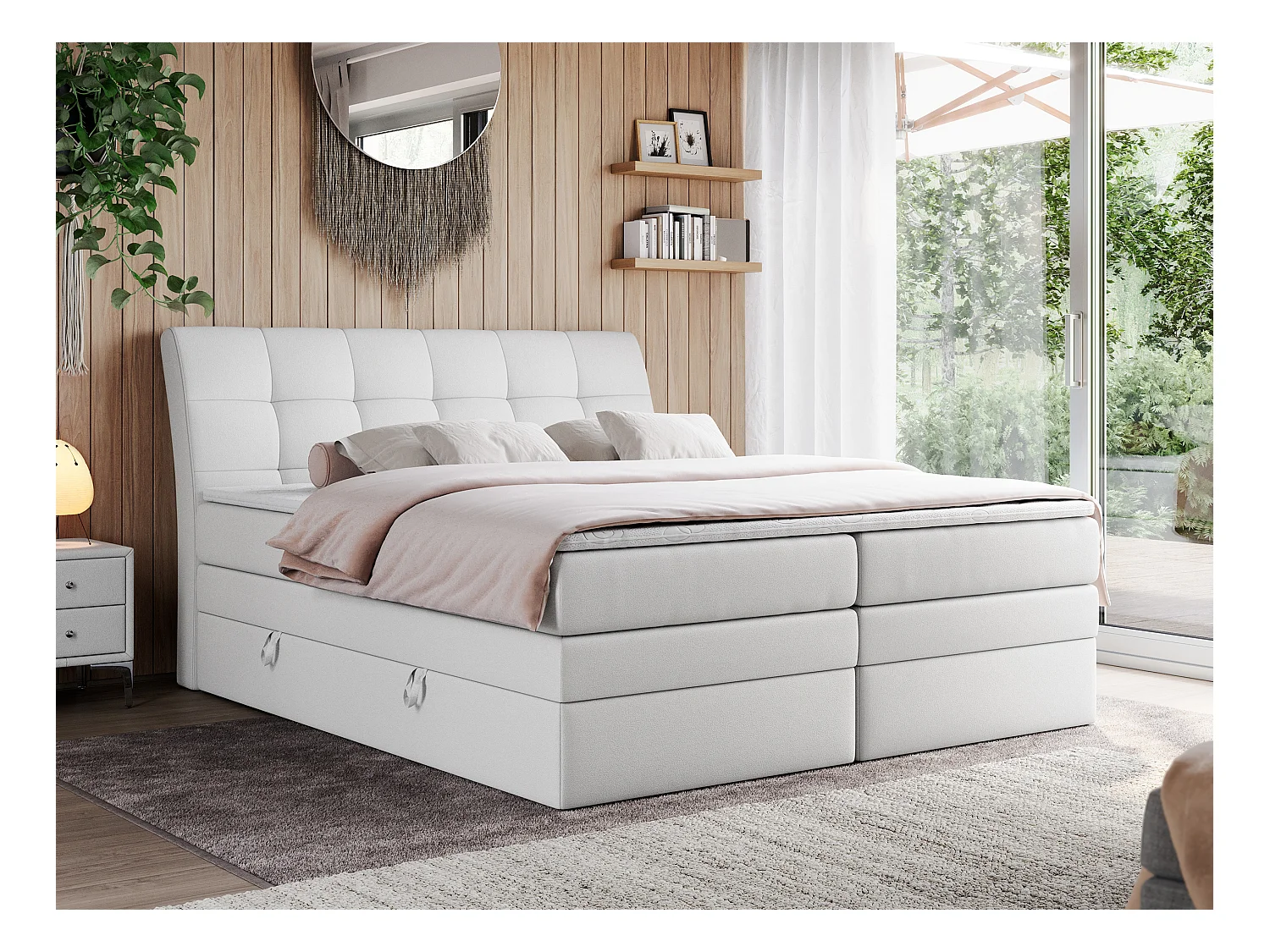 Boxspringbett GOLD 10 KING mit genähtes Kopfteil und Stauraum, zwei Multipocket-Matratze - 160x200 cm - H4 - Weiß Kunstleder