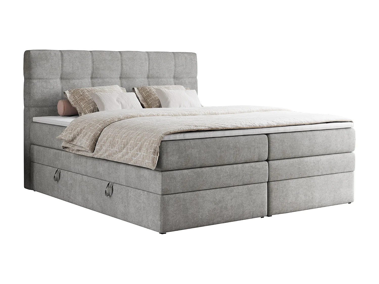 Boxspringbett ERNI KING, gestepptes Kopfteil, zwei Multipocket-Matratze und Topper, mit Stauraum - 200x200 cm - H3 - Hellgrau Strukture
