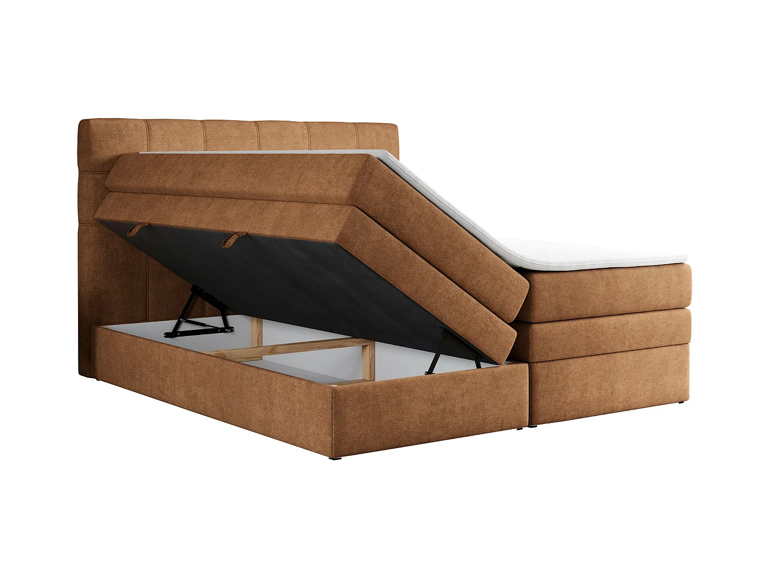 Boxspringbett ERNI KING, gestepptes Kopfteil, zwei Multipocket-Matratze und Topper, mit Stauraum - 140x200 cm - H3 - Orange Strukture