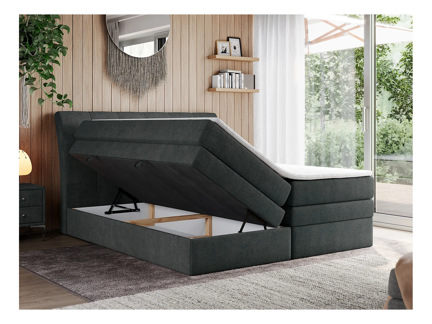 Boxspringbett GOLD 10 KING mit genähtes Kopfteil und Stauraum, zwei Multipocket-Matratze - 120x200 cm - H3 - Dunkelgrau Strukture