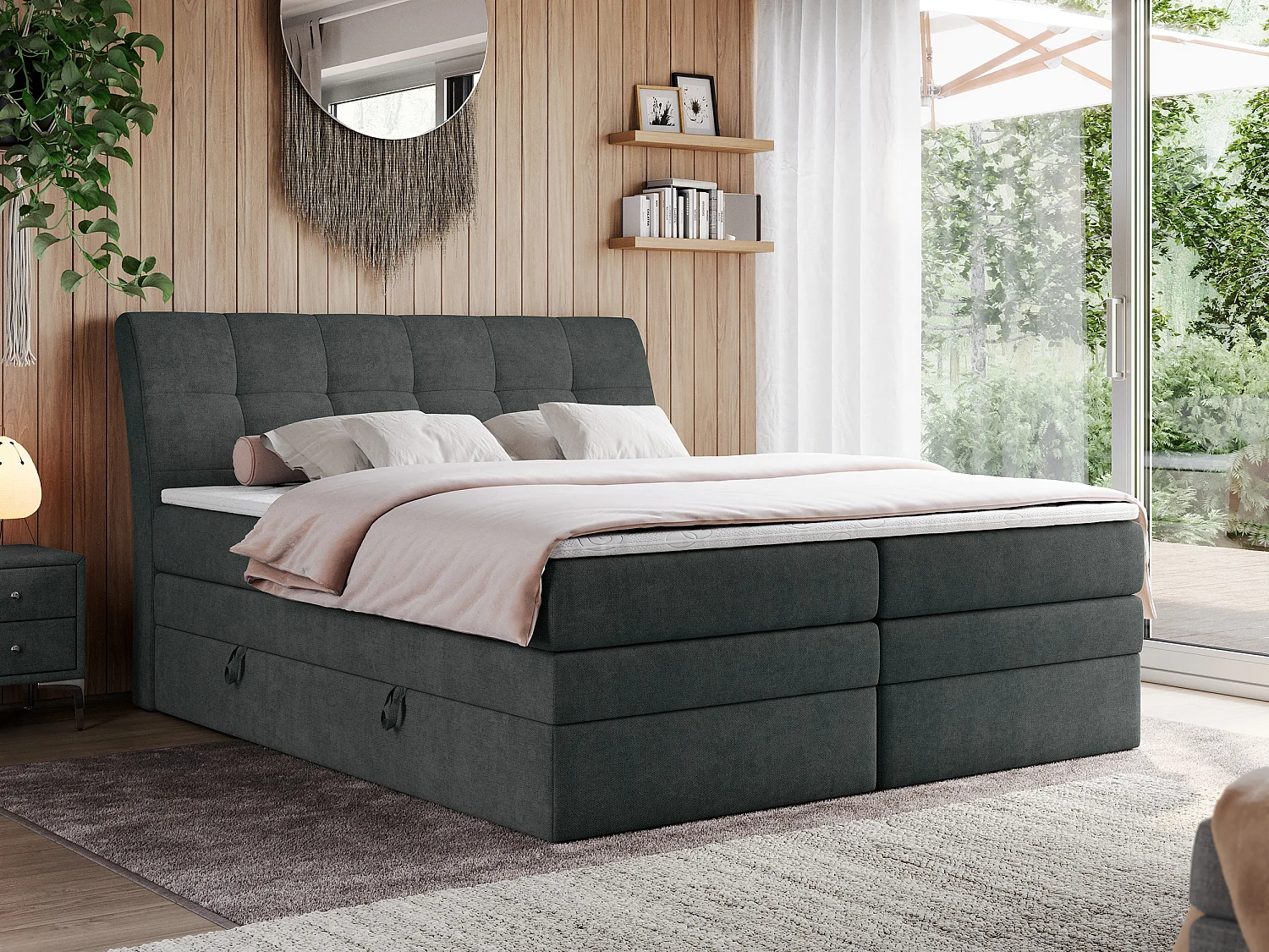 Boxspringbett GOLD 10 KING mit genähtes Kopfteil und Stauraum, zwei Multipocket-Matratze - 120x200 cm - H3 - Dunkelgrau Strukture