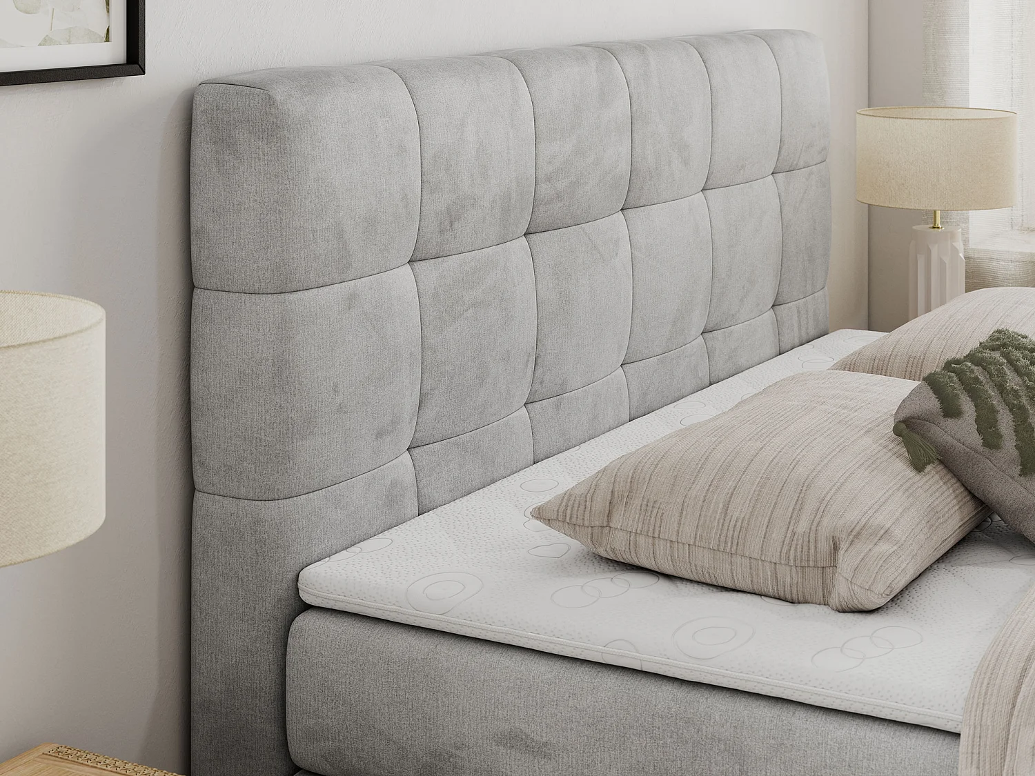 Boxspringbett LUKA KING, mit gestepptem Kopfteil, zwei Bettkästen, Multipocket-Matratze und Topper - 160x200 cm - H4 - Hellgrau Velvet