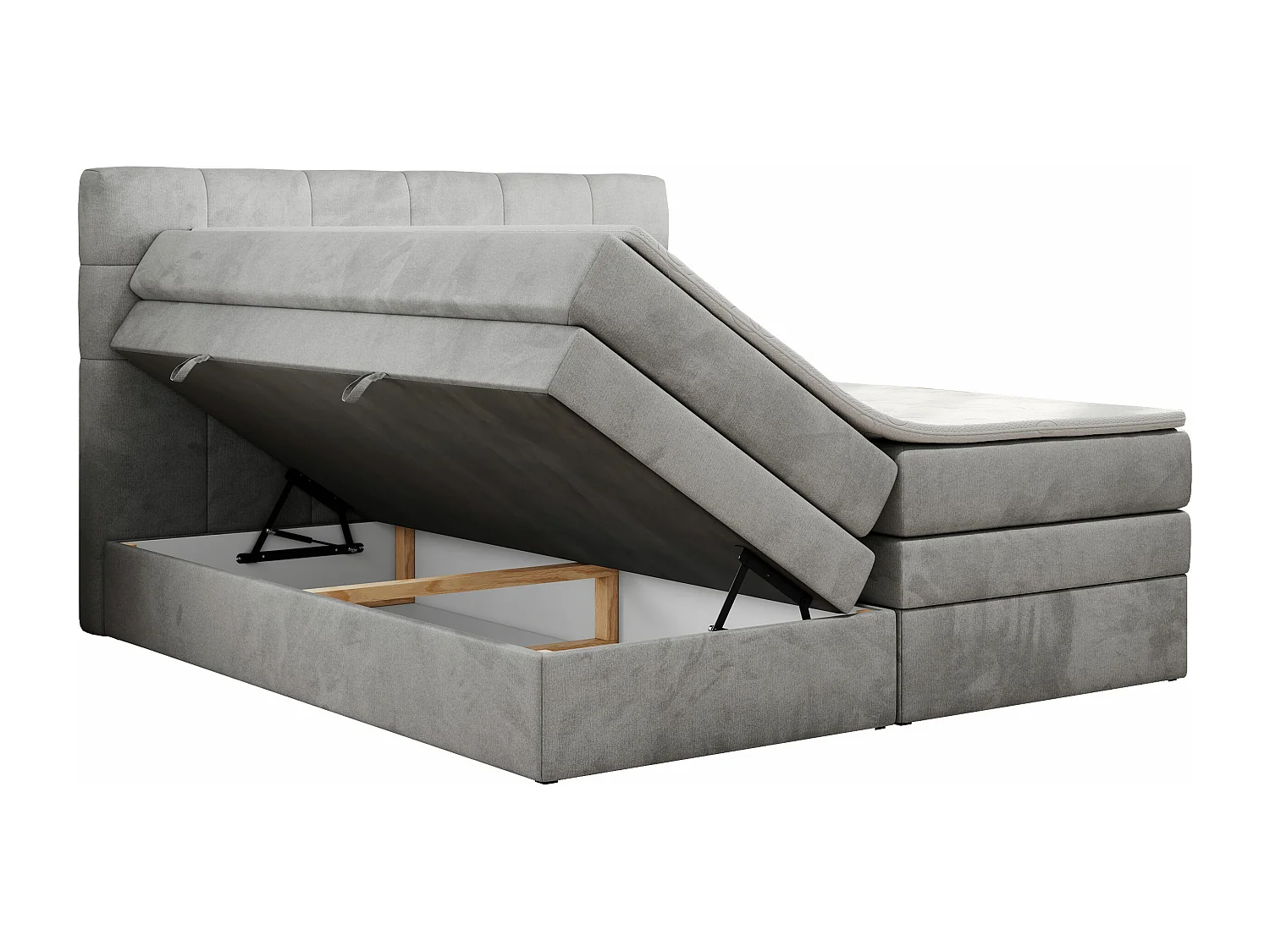 Boxspringbett LUKA KING, mit gestepptem Kopfteil, zwei Bettkästen, Multipocket-Matratze und Topper - 160x200 cm - H4 - Hellgrau Velvet