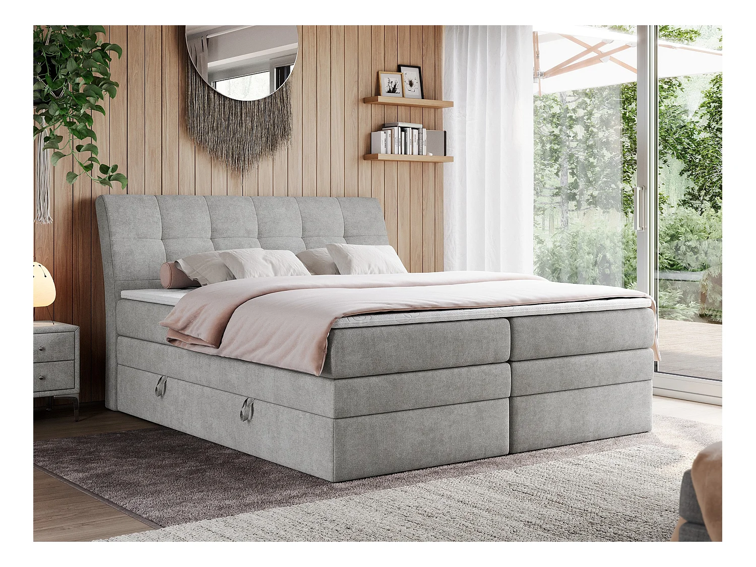 Boxspringbett GOLD 10 KING mit genähtes Kopfteil und Stauraum, zwei Multipocket-Matratze - 180x200 cm - H4 - Hellgrau Strukture