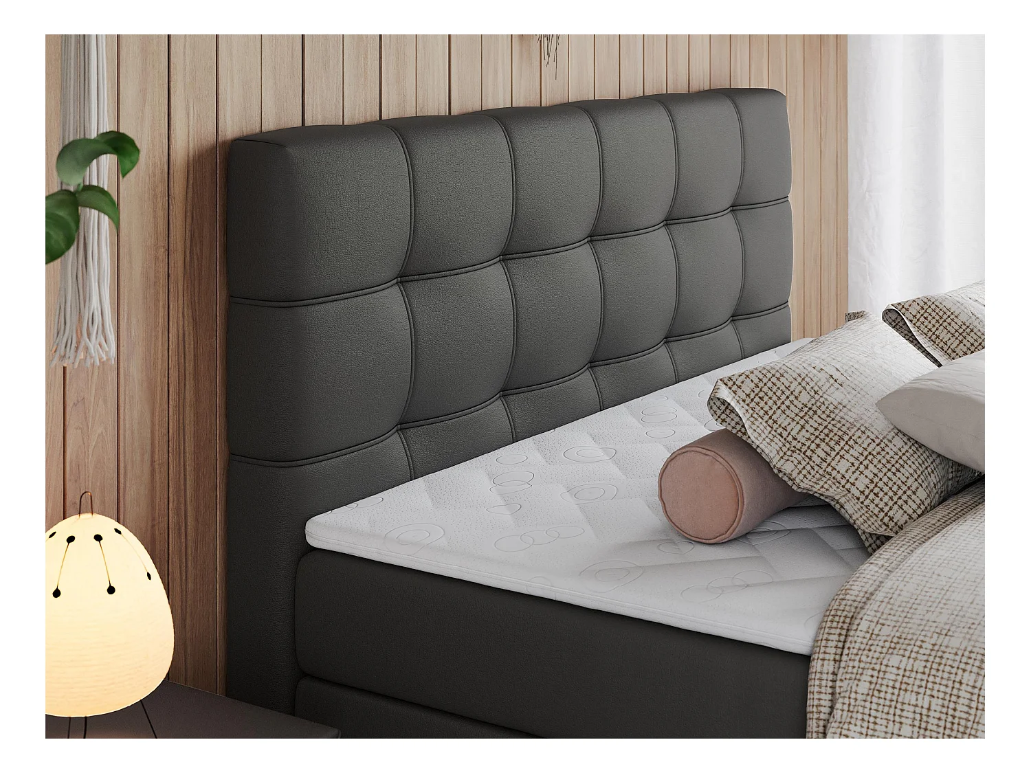 Boxspringbett ERNI KING, gestepptes Kopfteil, zwei Multipocket-Matratze und Topper, mit Stauraum - 160x200 cm - H4 - Dunkelgrau Kunstleder