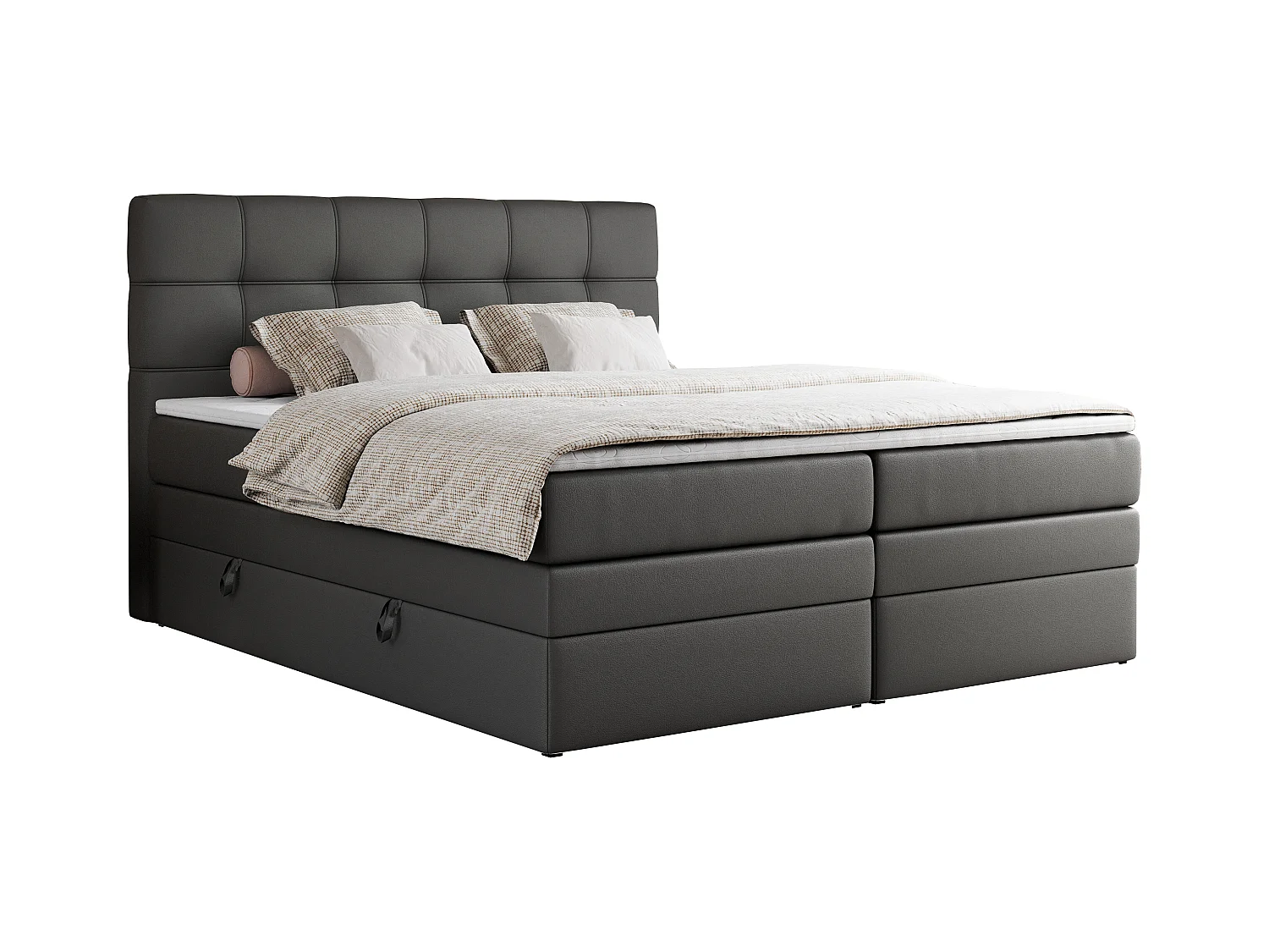 Boxspringbett ERNI KING, gestepptes Kopfteil, zwei Multipocket-Matratze und Topper, mit Stauraum - 160x200 cm - H4 - Dunkelgrau Kunstleder