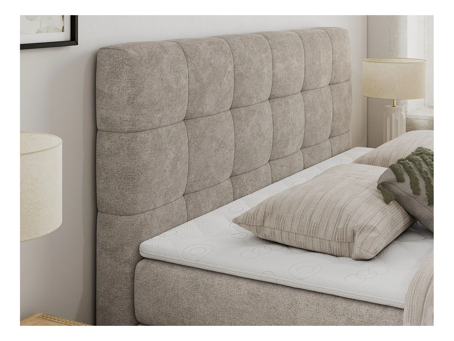 Boxspringbett LUKA KING, mit gestepptem Kopfteil, zwei Bettkästen, Multipocket-Matratze und Topper - 180x200 cm - H3 - Beige Strukture