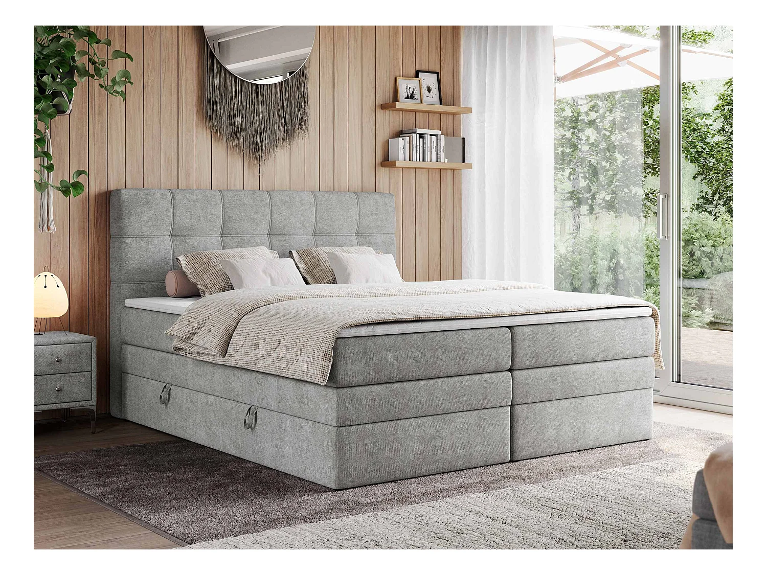 Boxspringbett ERNI KING, gestepptes Kopfteil, zwei Multipocket-Matratze und Topper, mit Stauraum - 200x200 cm - H4 - Hellgrau Strukture
