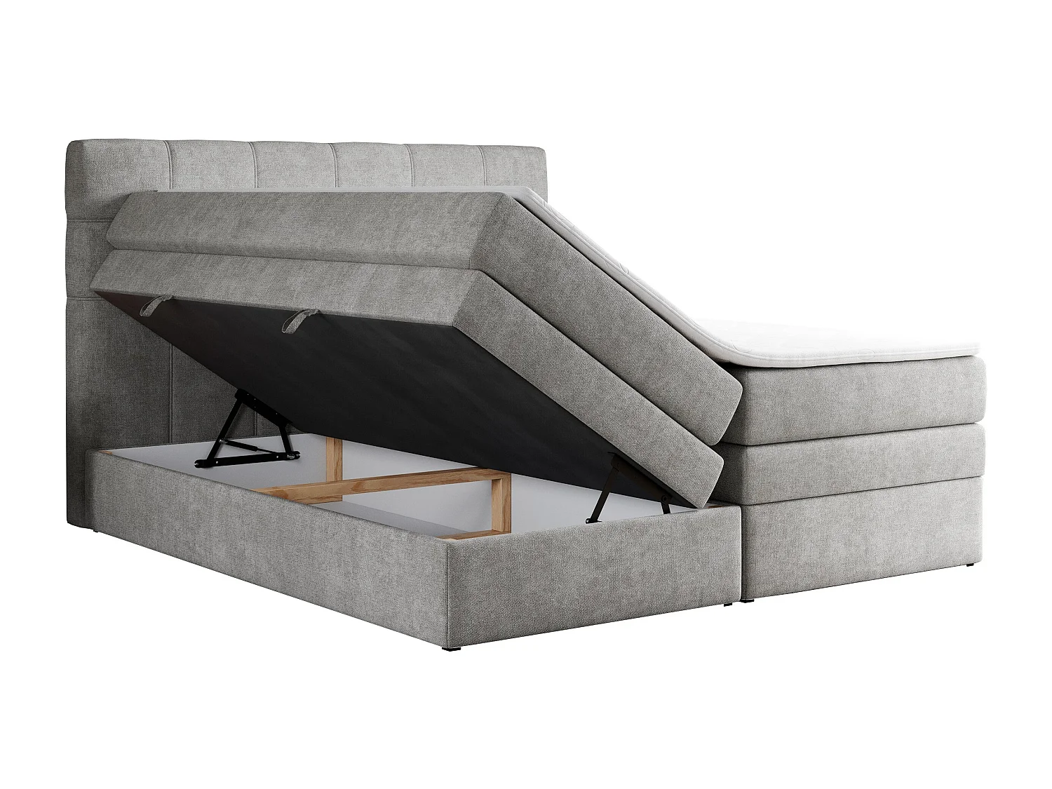Boxspringbett ERNI KING, gestepptes Kopfteil, zwei Multipocket-Matratze und Topper, mit Stauraum - 200x200 cm - H4 - Hellgrau Strukture