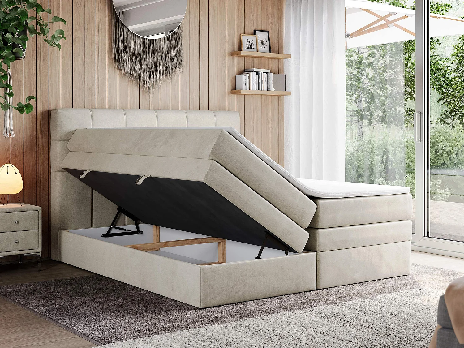 Boxspringbett ERNI KING, gestepptes Kopfteil, zwei Multipocket-Matratze und Topper, mit Stauraum - 160x200 cm - H4 - Beige Velvet