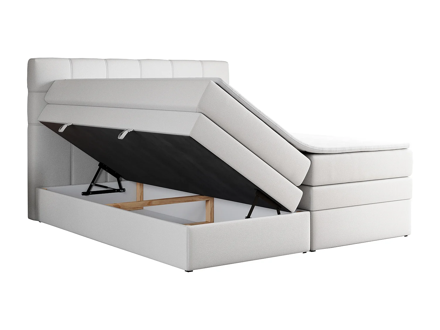 Boxspringbett ERNI KING, gestepptes Kopfteil, zwei Multipocket-Matratze und Topper, mit Stauraum - 140x200 cm - H4 - Weiß Kunstleder