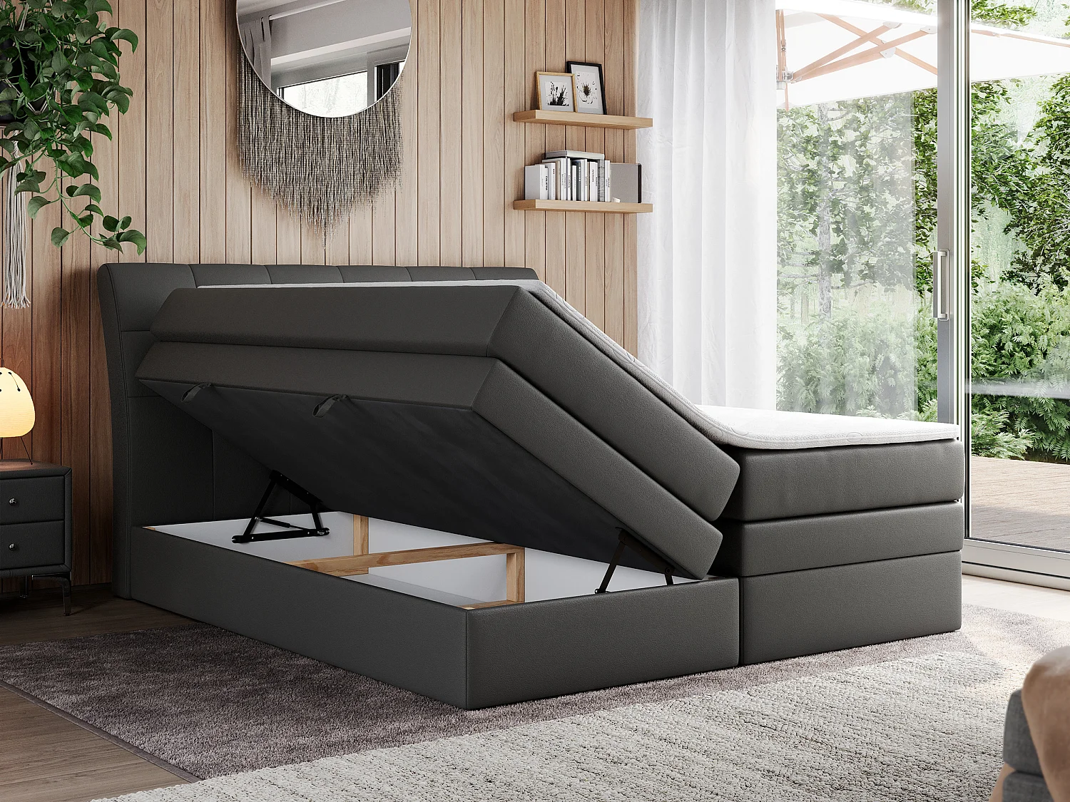 Boxspringbett GOLD 10 KING mit genähtes Kopfteil und Stauraum, zwei Multipocket-Matratze - 140x200 cm - H3 - Dunkelgrau Kunstleder