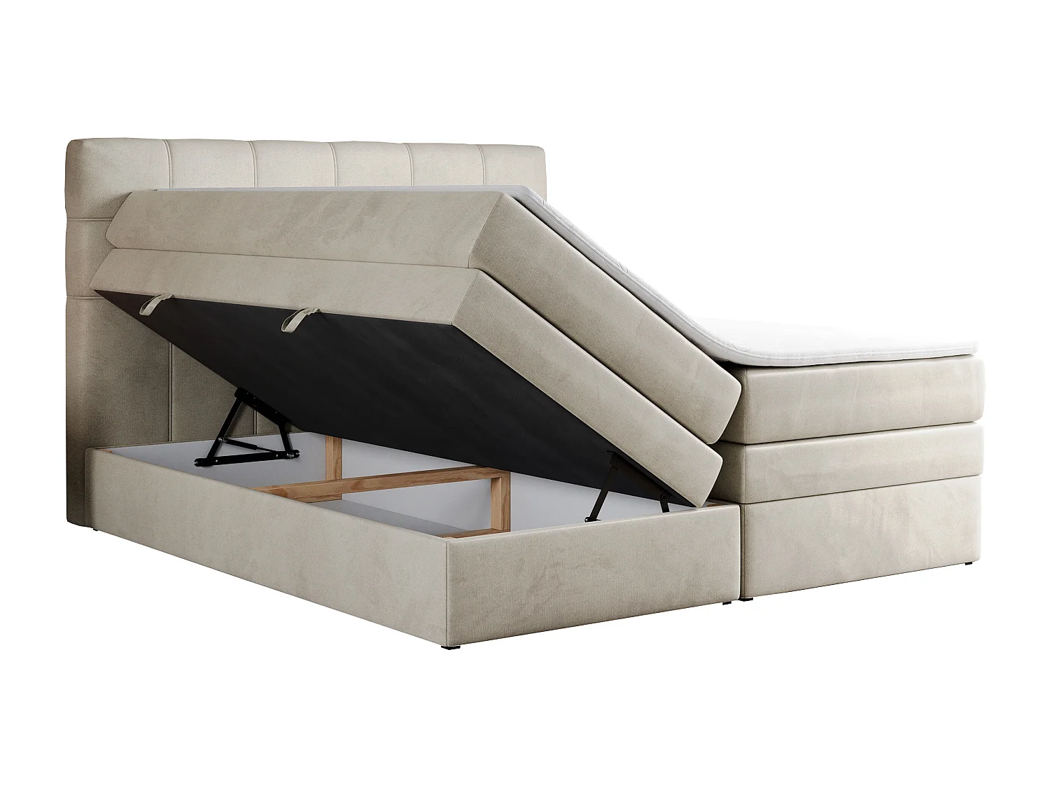 Boxspringbett ERNI KING, gestepptes Kopfteil, zwei Multipocket-Matratze und Topper, mit Stauraum - 200x200 cm - H3 - Beige Velvet