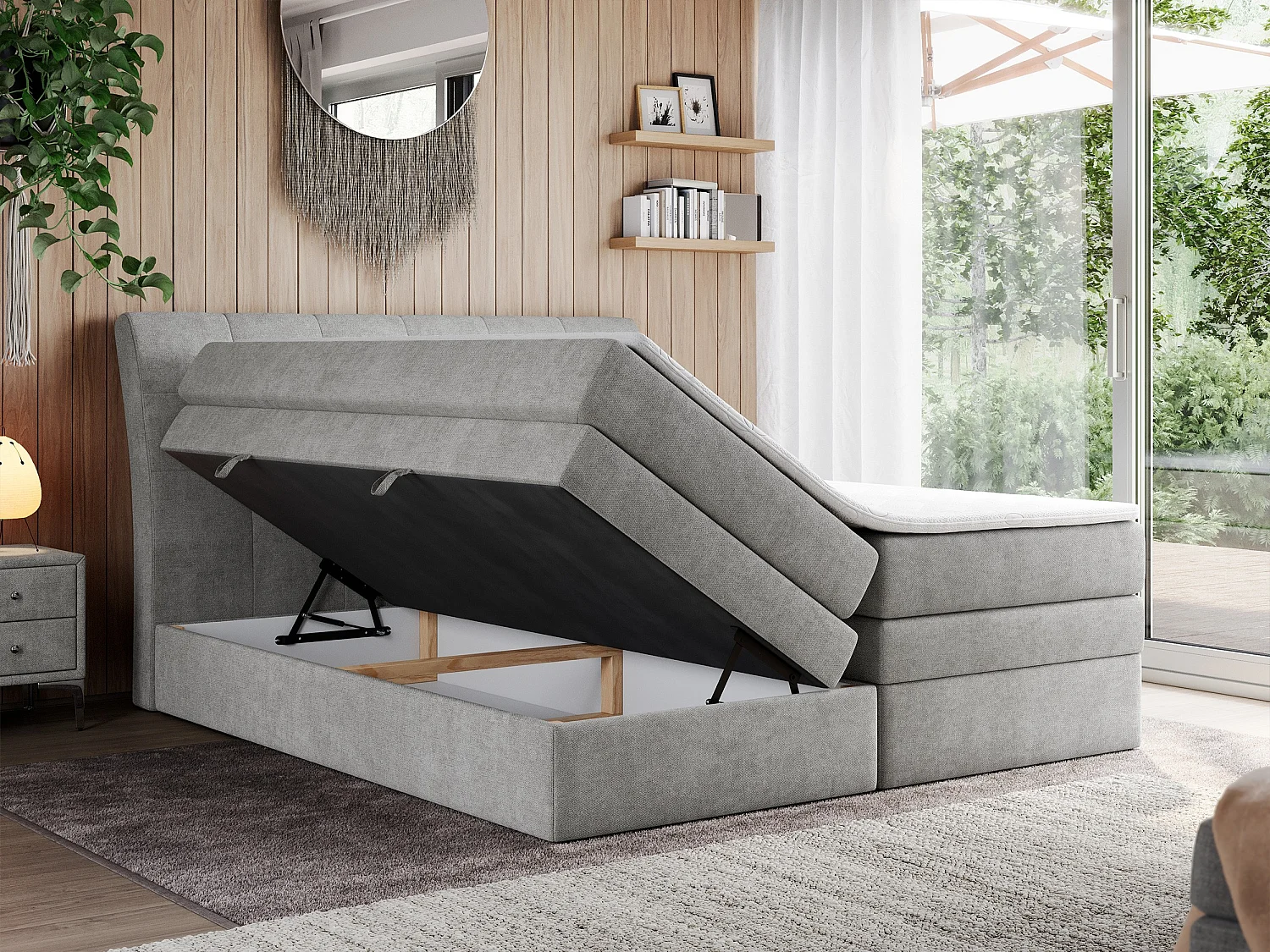 Boxspringbett GOLD 10 KING mit genähtes Kopfteil und Stauraum, zwei Multipocket-Matratze - 120x200 cm - H4 - Hellgrau Strukture