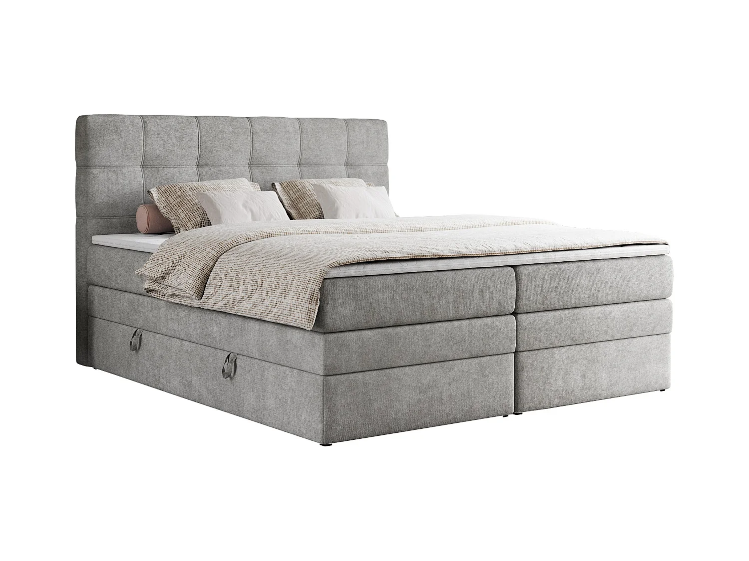 Boxspringbett ERNI KING, gestepptes Kopfteil, zwei Multipocket-Matratze und Topper, mit Stauraum - 120x200 cm - H3 - Hellgrau Strukture