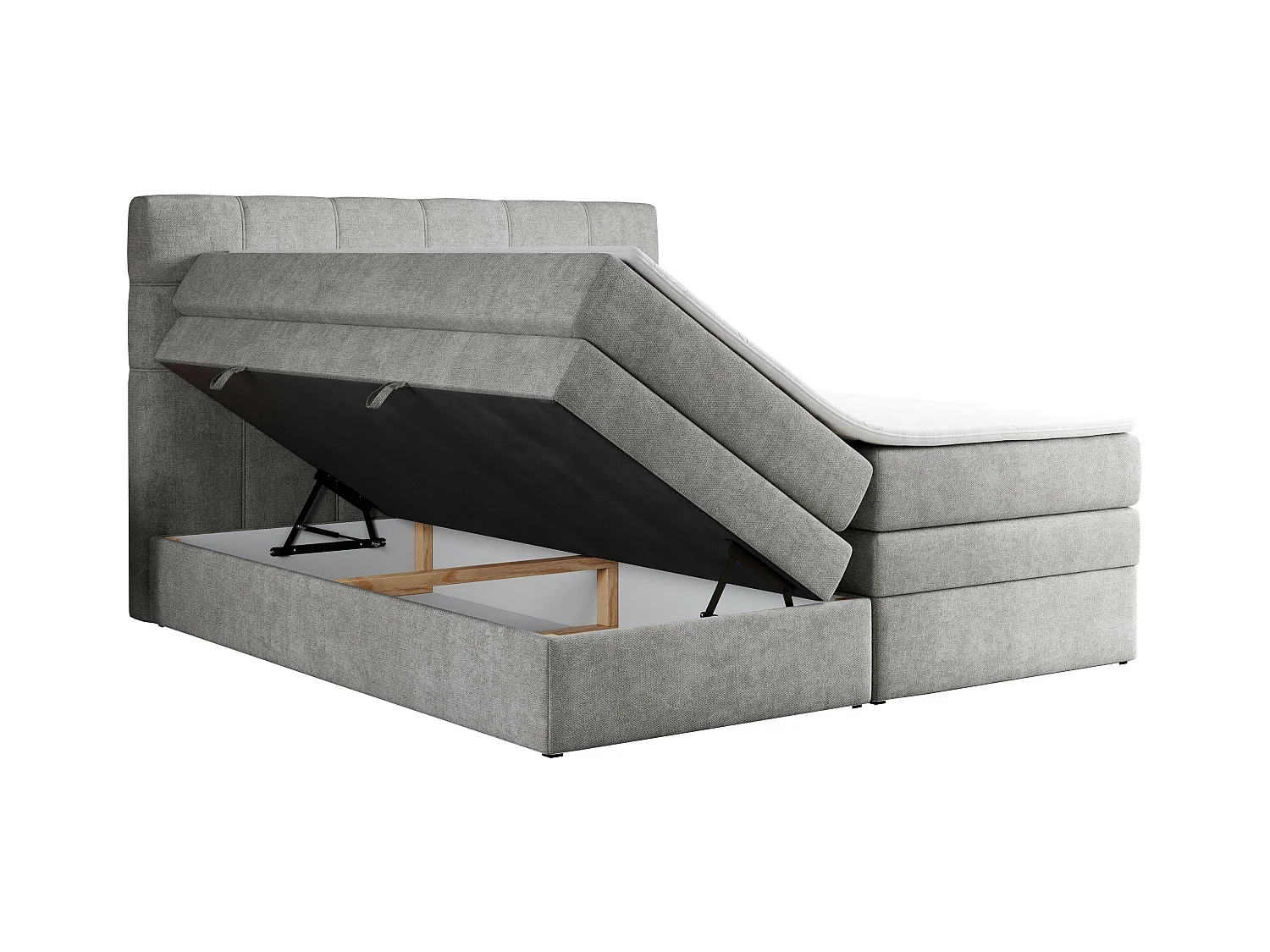 Boxspringbett ERNI KING, gestepptes Kopfteil, zwei Multipocket-Matratze und Topper, mit Stauraum - 120x200 cm - H3 - Hellgrau Strukture