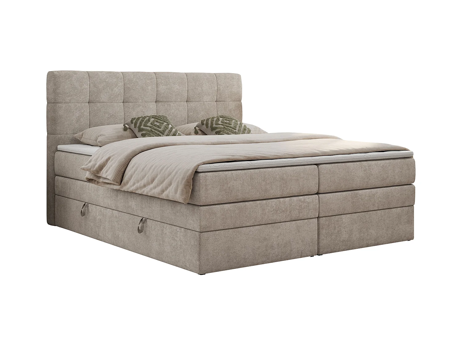 Boxspringbett LUKA KING, mit gestepptem Kopfteil, zwei Bettkästen, Multipocket-Matratze und Topper - 140x200 cm - H3 - Beige Strukture