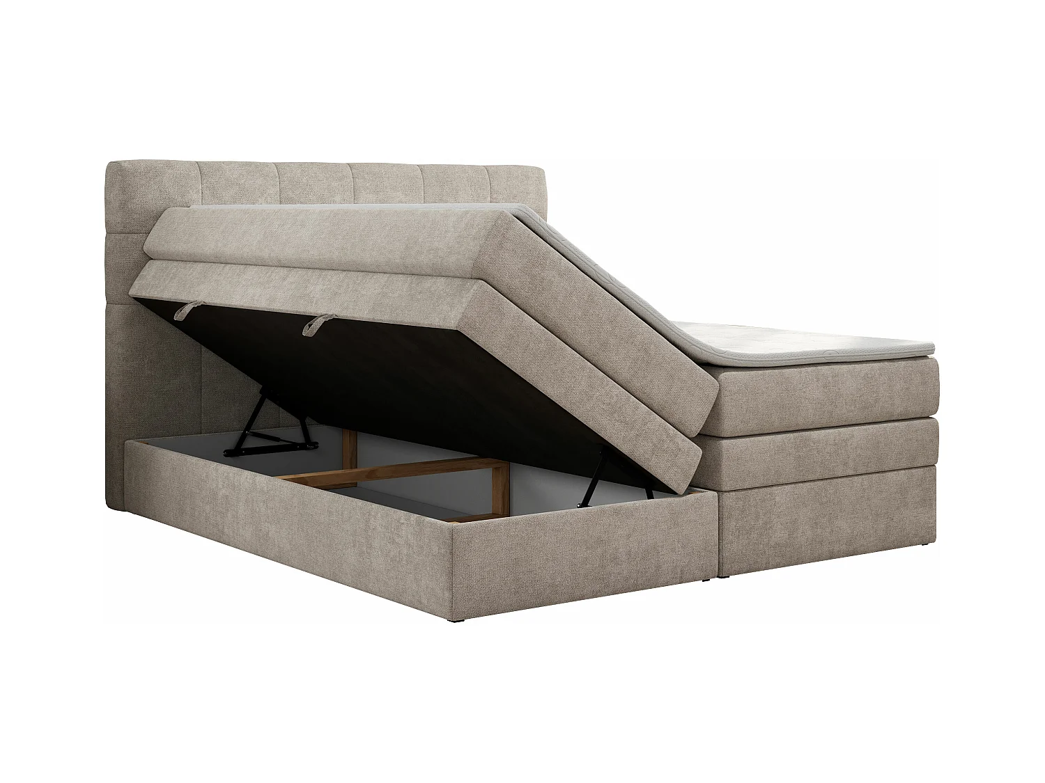 Boxspringbett LUKA KING, mit gestepptem Kopfteil, zwei Bettkästen, Multipocket-Matratze und Topper - 140x200 cm - H3 - Beige Strukture