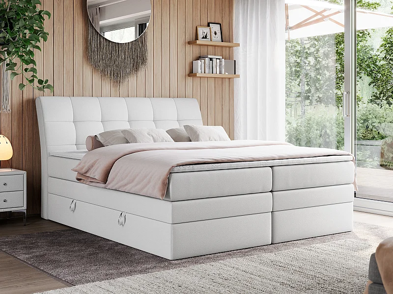 Boxspringbett GOLD 10 KING mit genähtes Kopfteil und Stauraum, zwei Multipocket-Matratze - 200x200 cm - H3 - Weiß Kunstleder