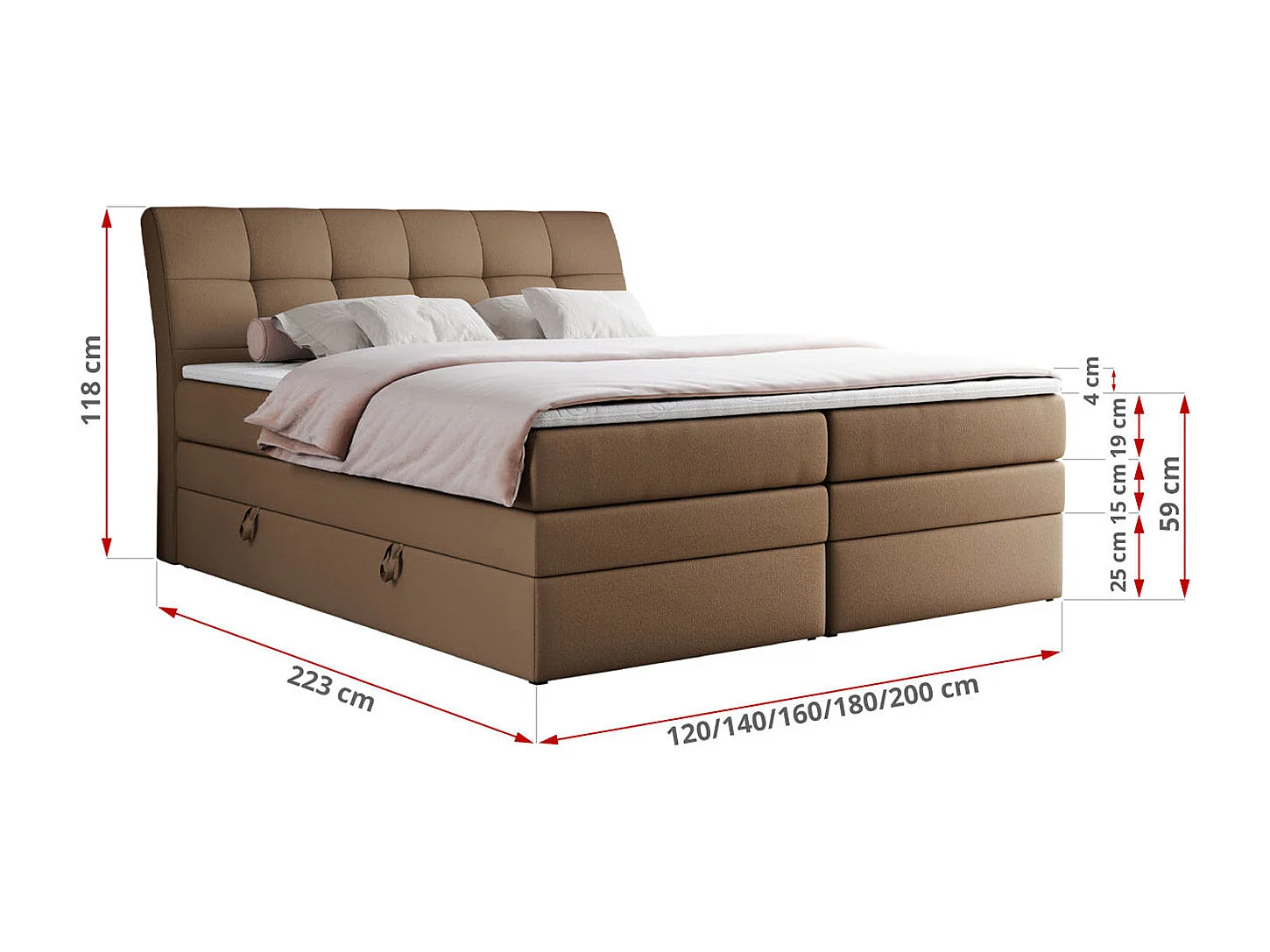 Boxspringbett GOLD 10 KING mit genähtes Kopfteil und Stauraum, zwei Multipocket-Matratze - 120x200 cm - H4 - Braun Kunstleder