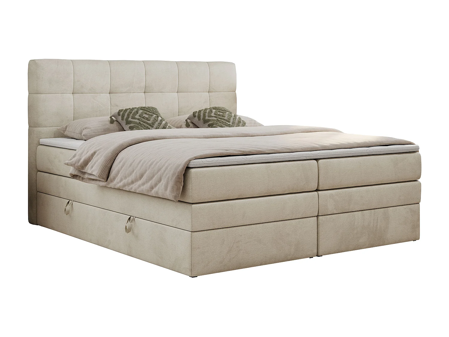 Boxspringbett LUKA KING, mit gestepptem Kopfteil, zwei Bettkästen, Multipocket-Matratze und Topper - 200x200 cm - H3 - Beige Velvet