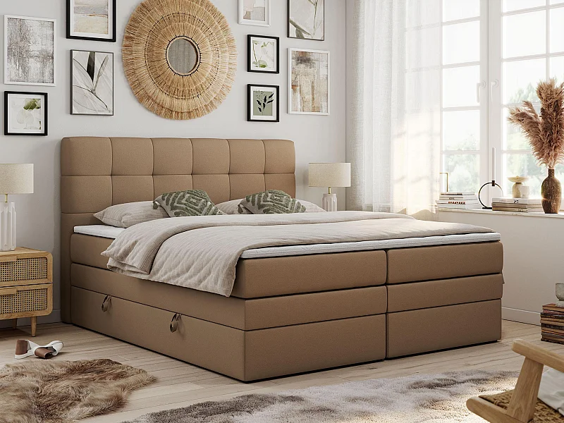 Boxspringbett LUKA KING, mit gestepptem Kopfteil, zwei Bettkästen, Multipocket-Matratze und Topper - 120x200 cm - H3 - Braun Kunstleder