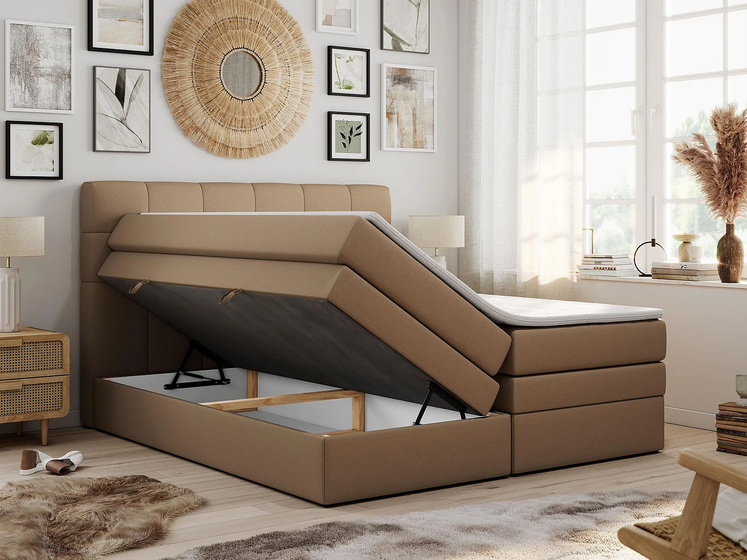 Boxspringbett LUKA KING, mit gestepptem Kopfteil, zwei Bettkästen, Multipocket-Matratze und Topper - 120x200 cm - H3 - Braun Kunstleder