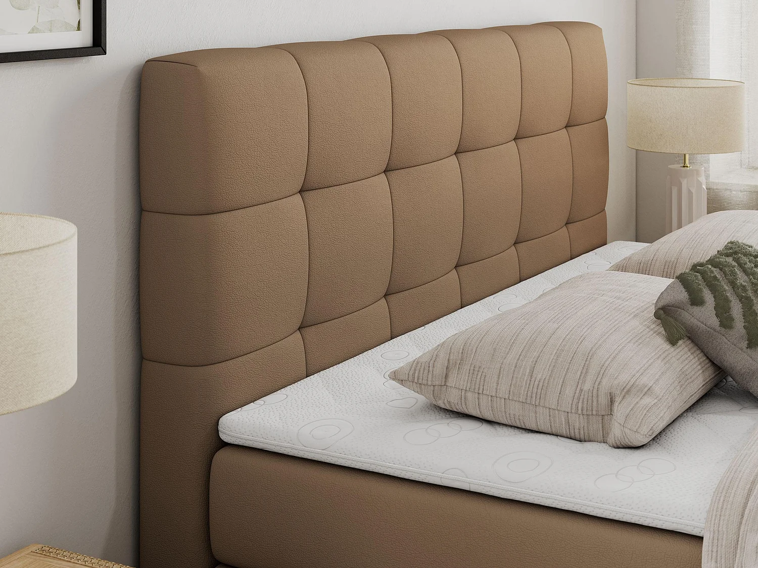 Boxspringbett LUKA KING, mit gestepptem Kopfteil, zwei Bettkästen, Multipocket-Matratze und Topper - 120x200 cm - H3 - Braun Kunstleder