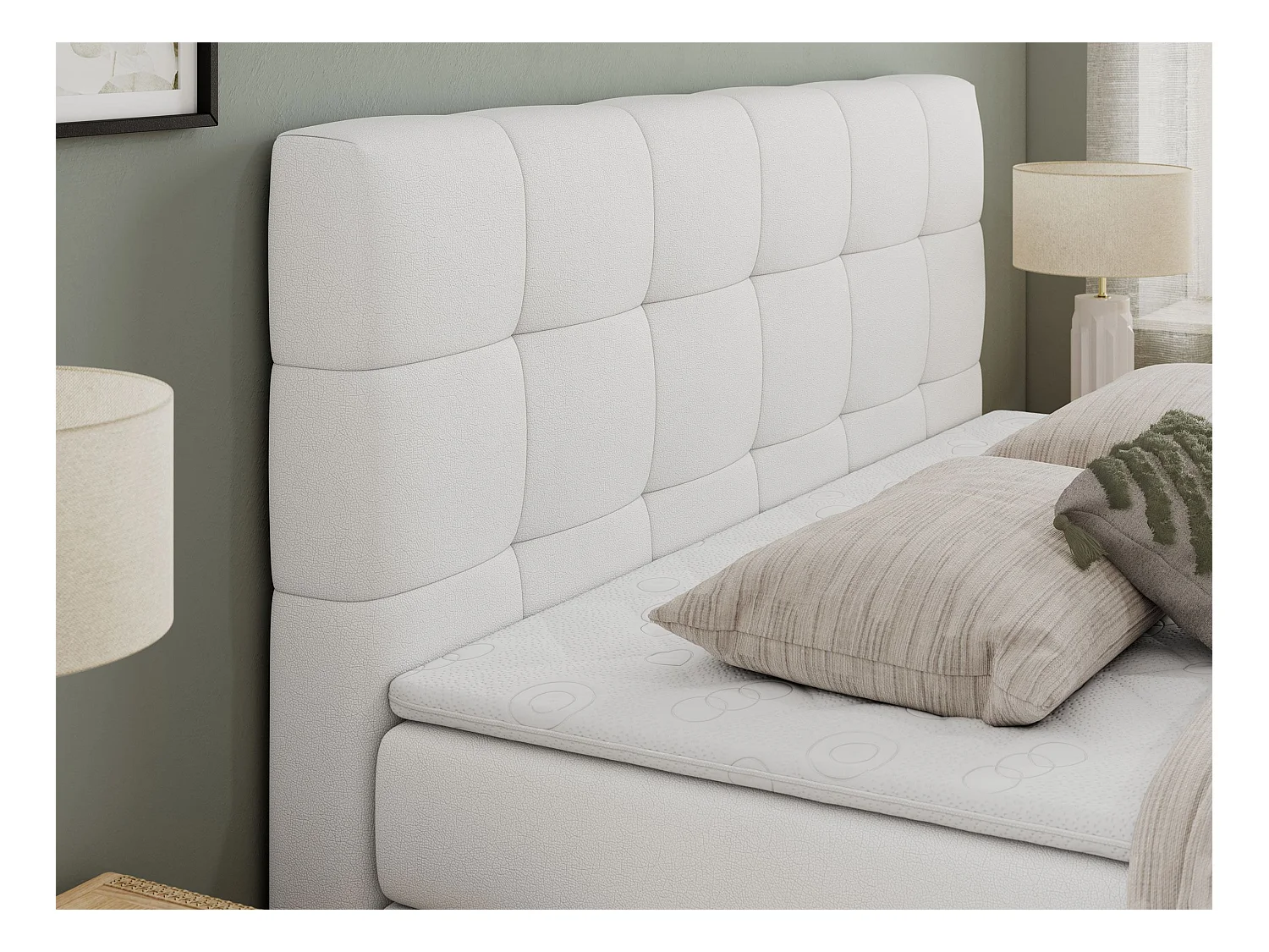 Boxspringbett LUKA KING, mit gestepptem Kopfteil, zwei Bettkästen, Multipocket-Matratze und Topper - 120x200 cm - H3 - Weiß Kunstleder